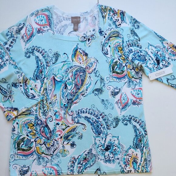 NEW Chico's Floral Paisley Top Lightweight Knit 3/4 Sleeve Boho Chic Large - Picture 5 of 9